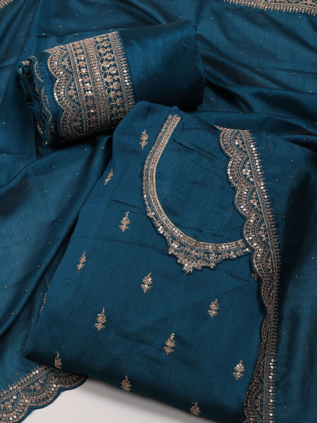

Meena Bazaar Embroidered Art Silk Unstitched Dress Material, Teal