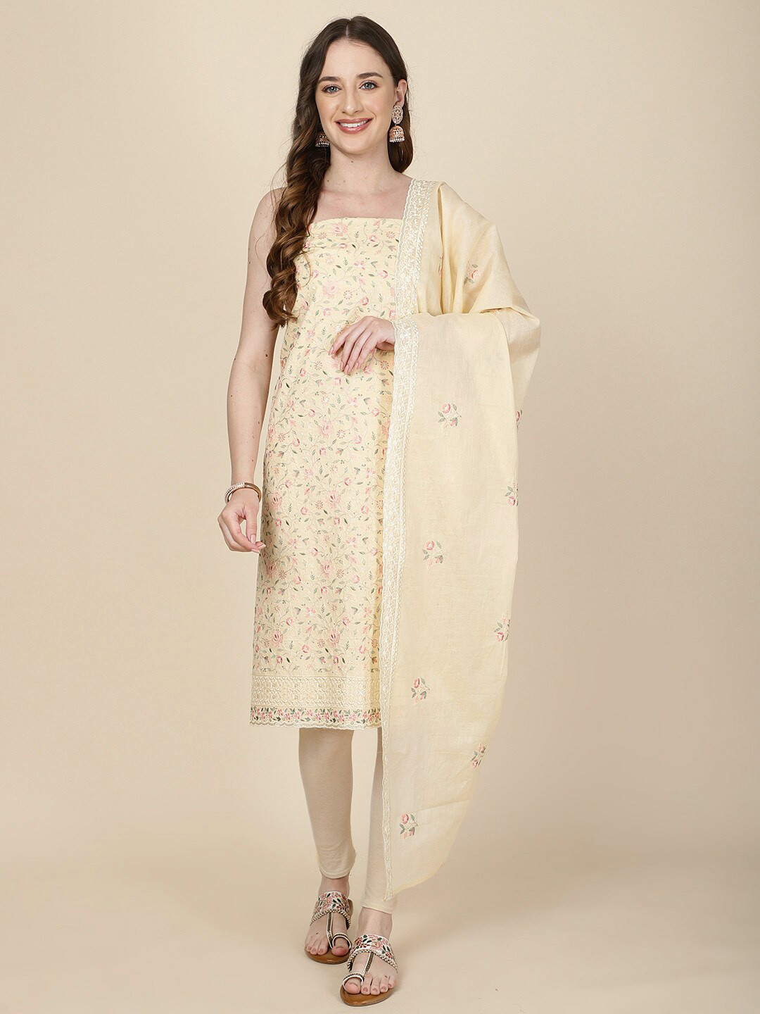 

Meena Bazaar Floral Embroidered Unstitched Dress Material, Beige