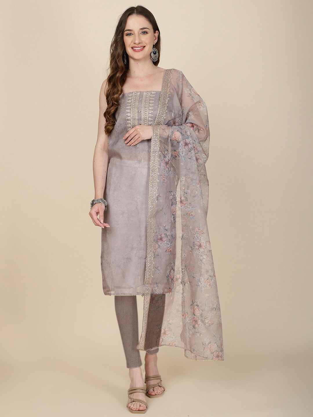 

Meena Bazaar Printed Organza Unstitched Dress Material, Grey