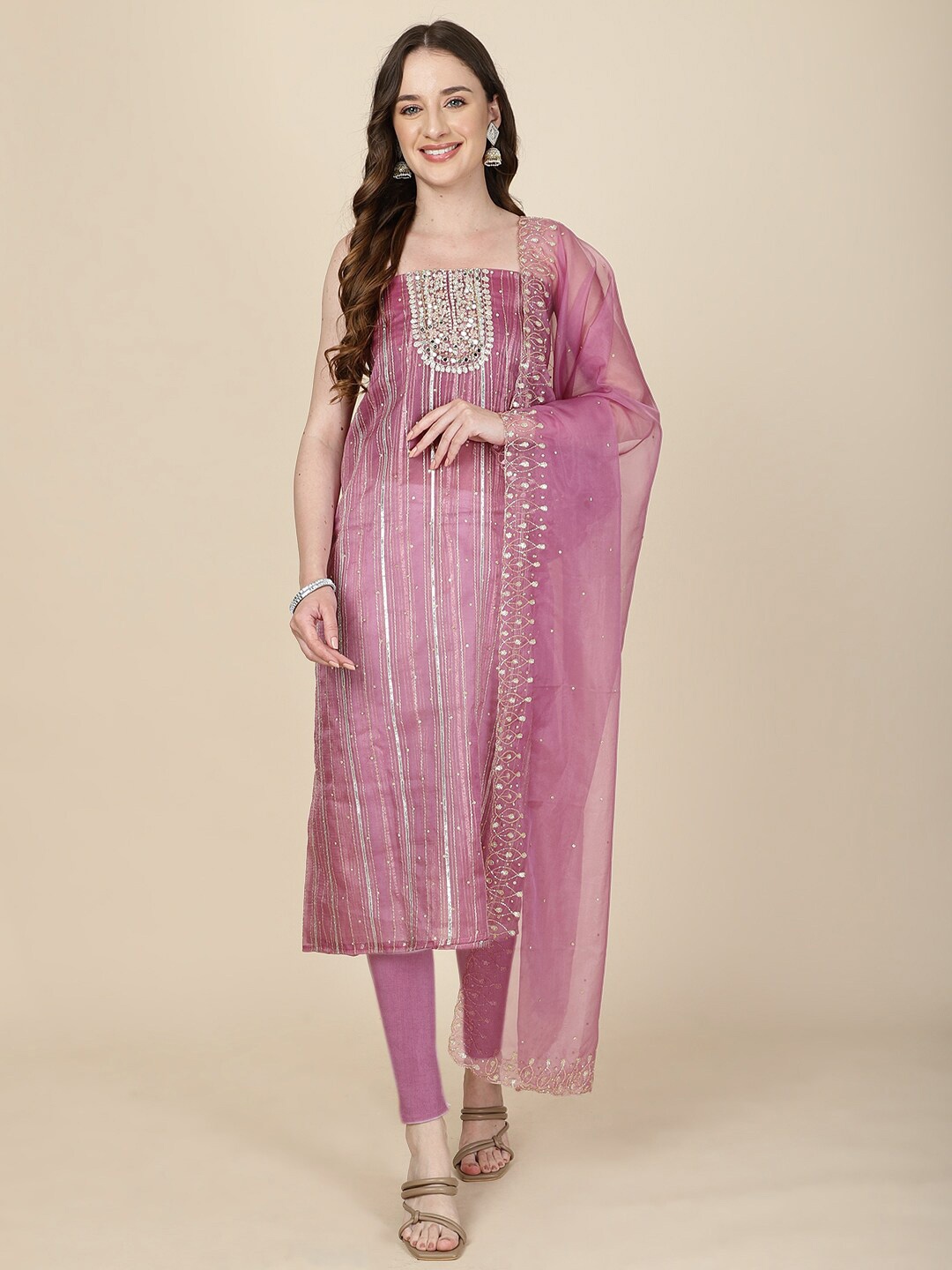 

Meena Bazaar Embellished Unstitched Dress Material, Pink