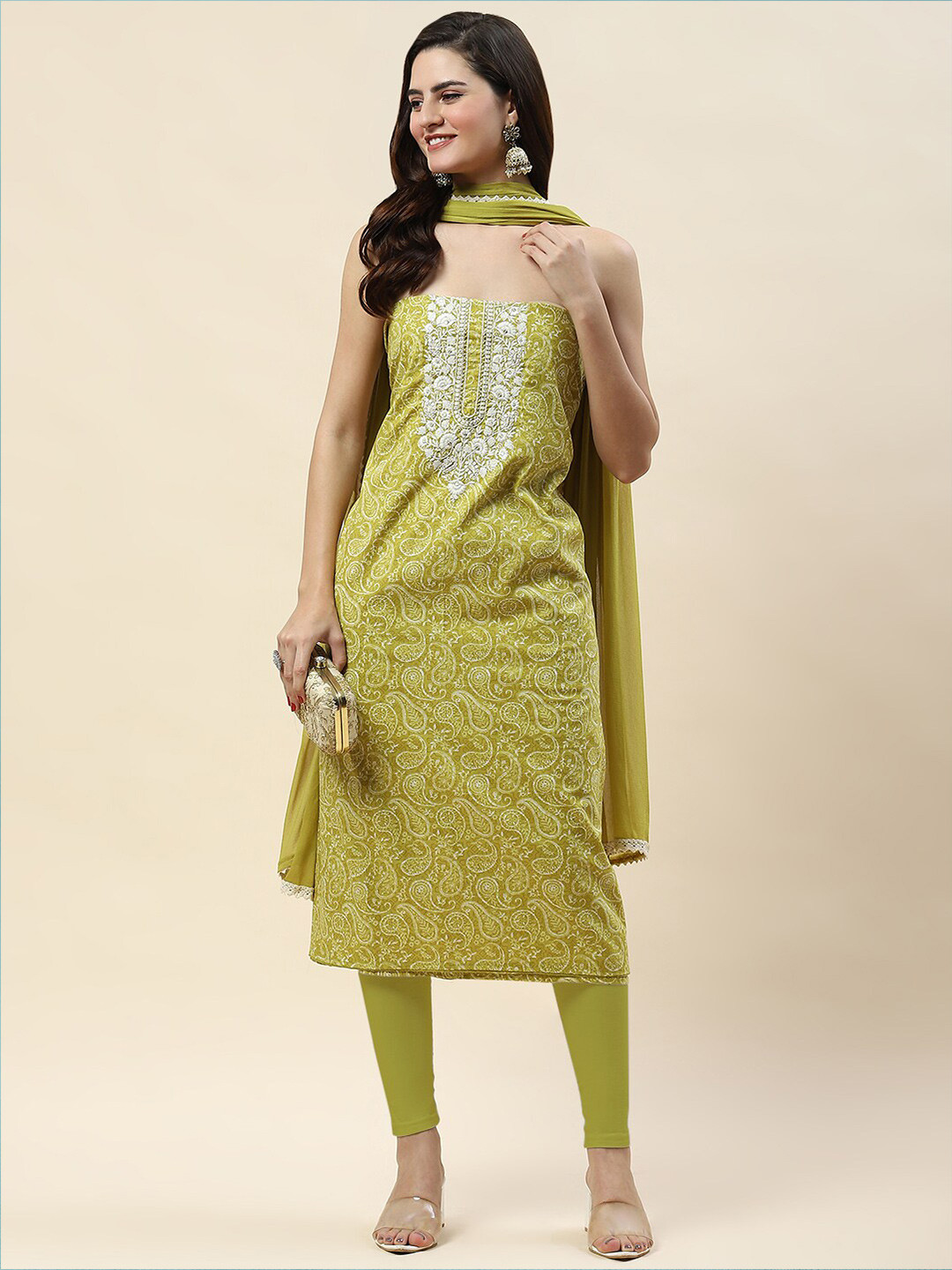 

Meena Bazaar Floral Printed Unstitched Dress Material, Green