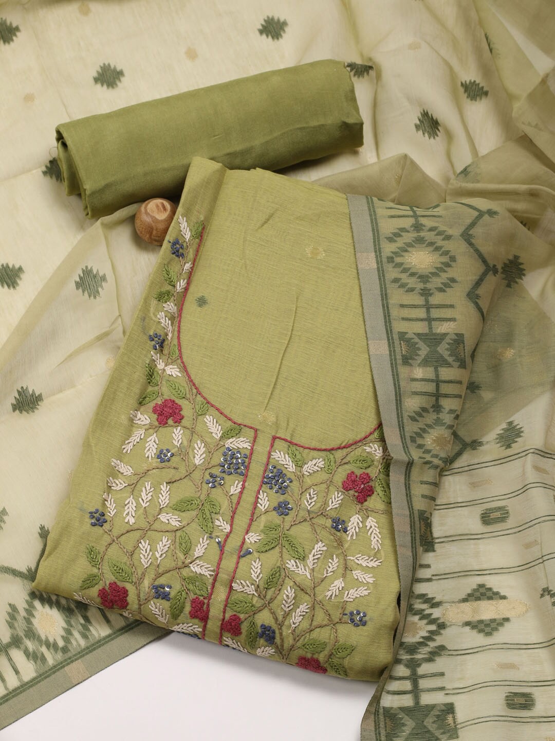 

Meena Bazaar Floral Embroidered Art Silk Unstitched Dress Material, Green