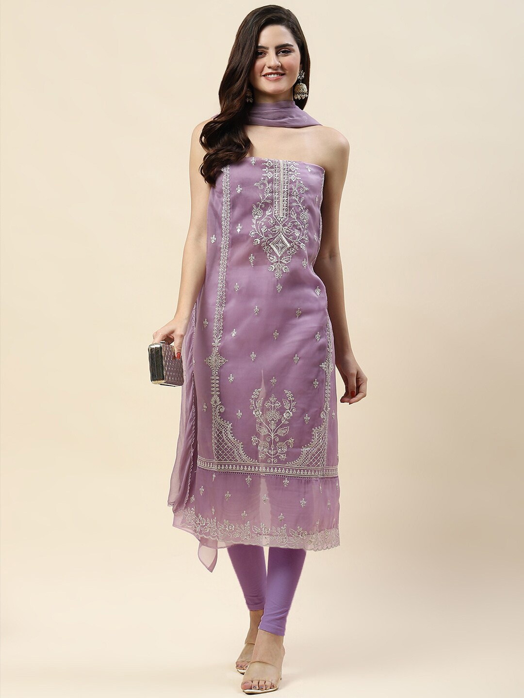 

Meena Bazaar Floral Embroidered Organza Unstitched Dress Material, Purple