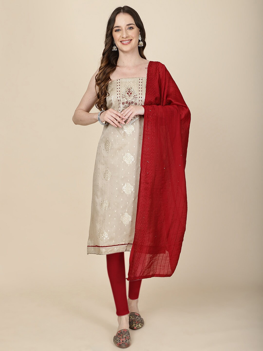 

Meena Bazaar Art Silk Unstitched Dress Material, Beige