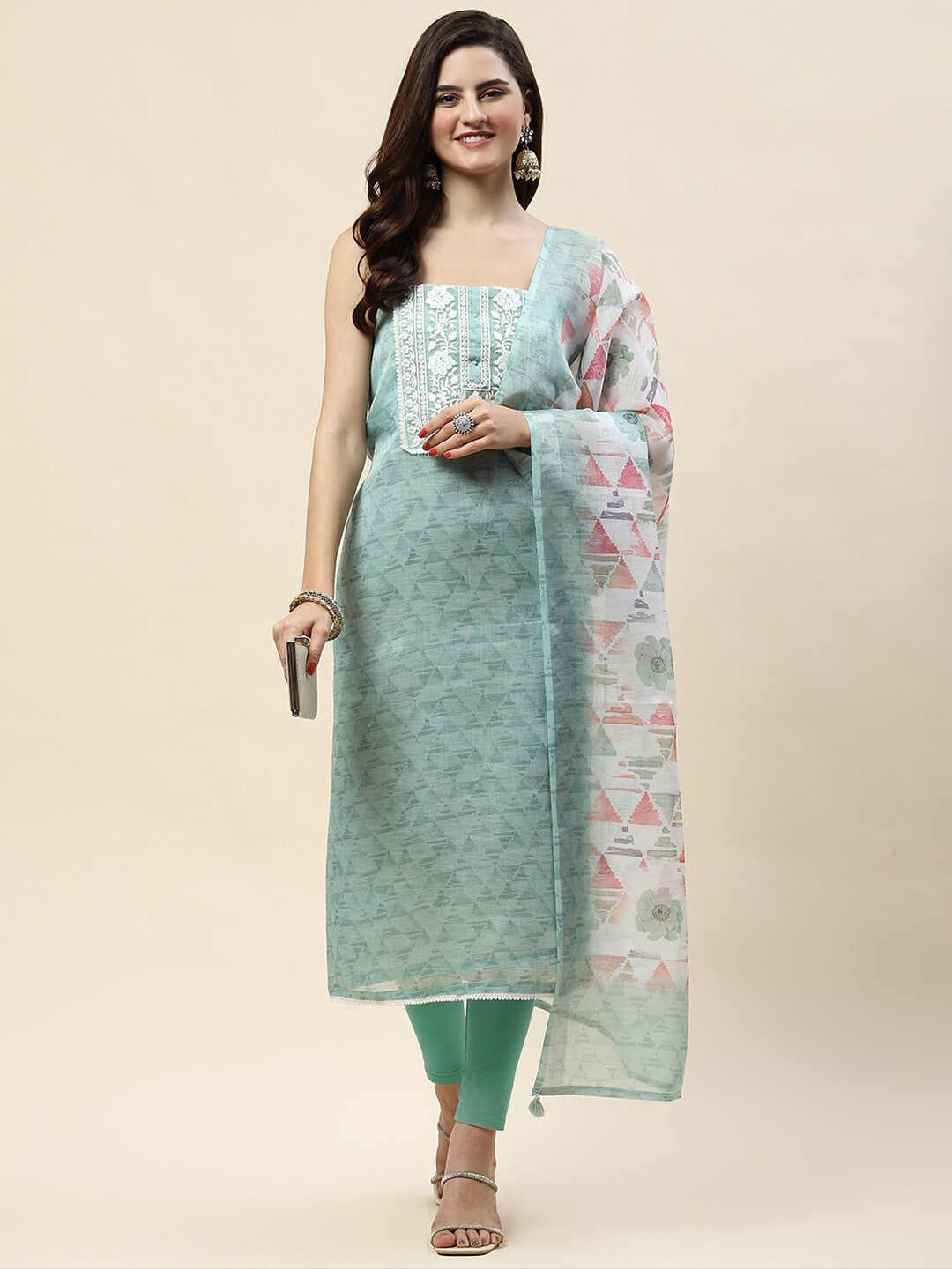 

Meena Bazaar Printed Unstitched Dress Material, Green