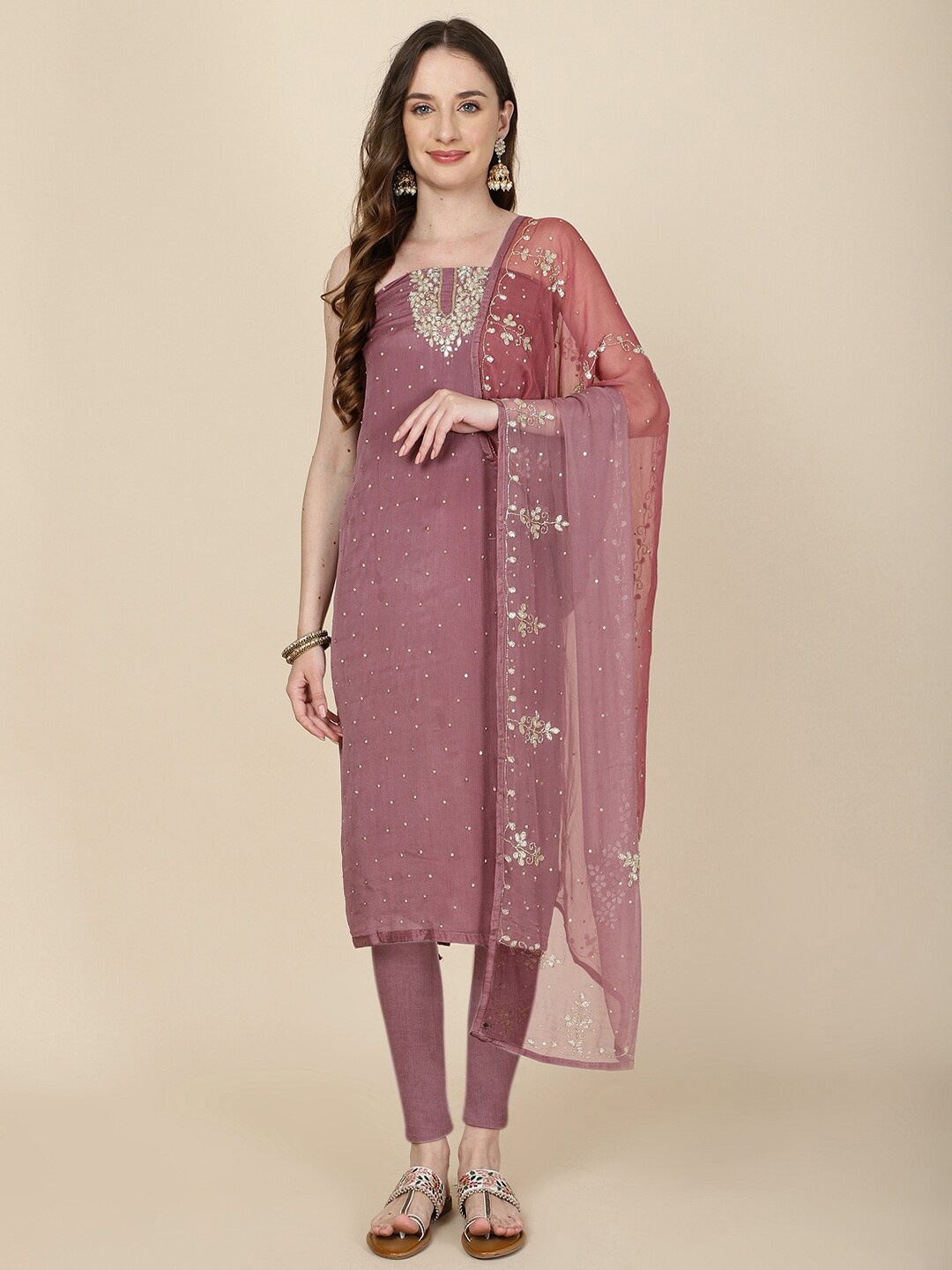 

Meena Bazaar Embellished Art Silk Unstitched Dress Material, Pink