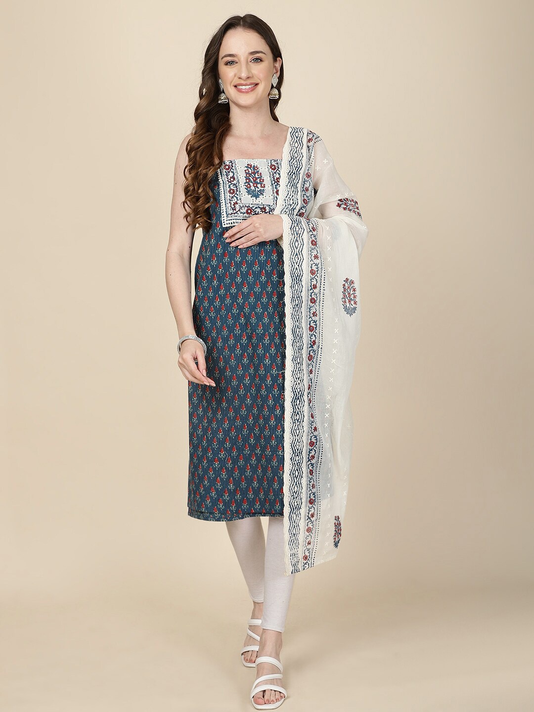 

Meena Bazaar Floral Printed Unstitched Dress Material, Blue