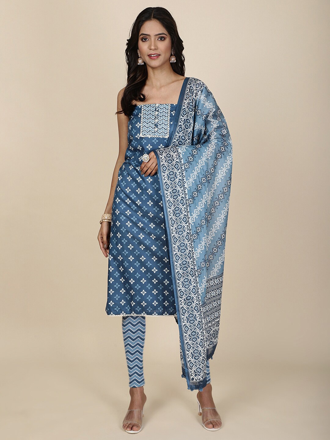 

Meena Bazaar Printed Unstitched Dress Material, Blue