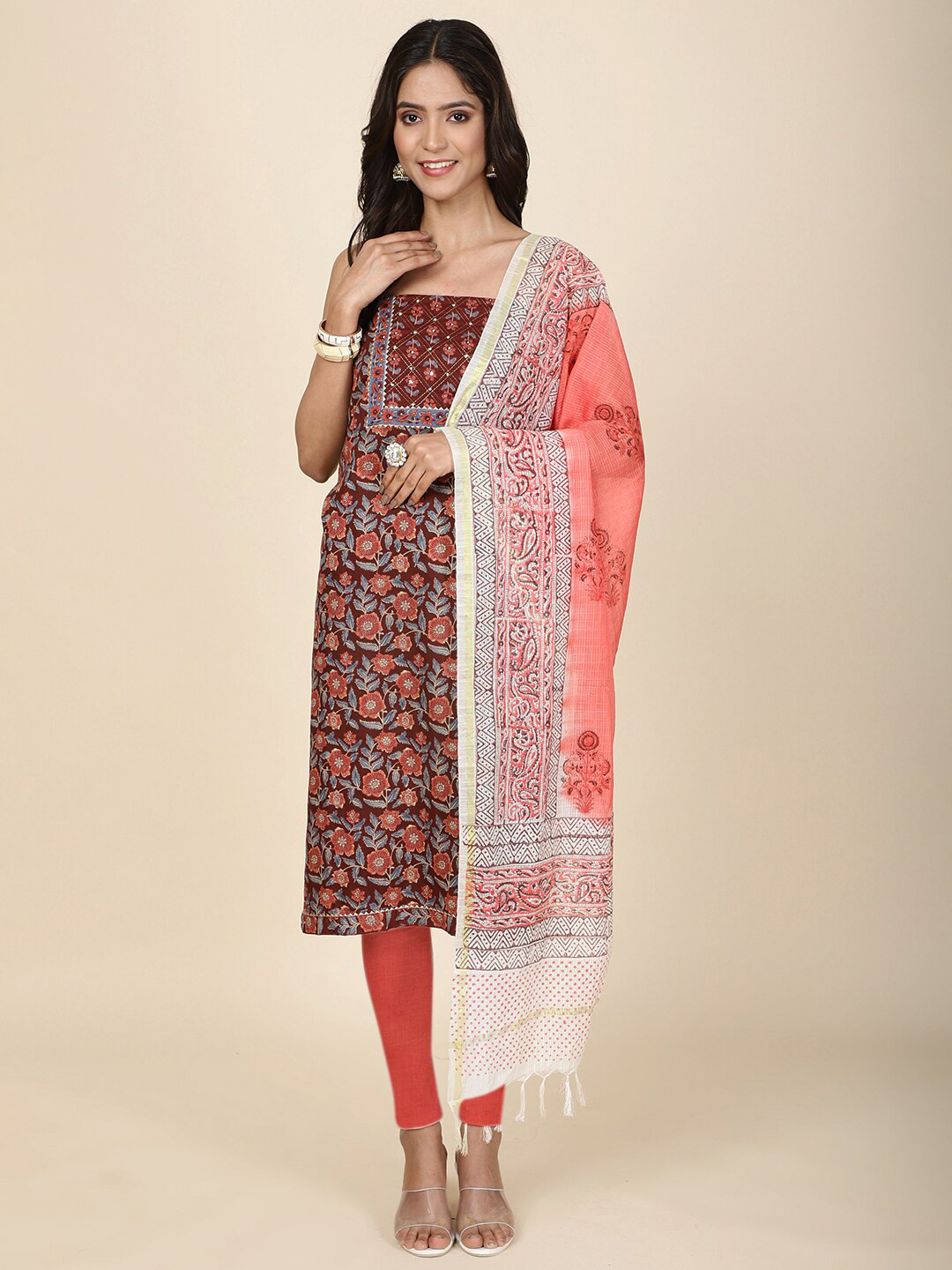 

Meena Bazaar Floral Printed Unstitched Dress Material, Maroon