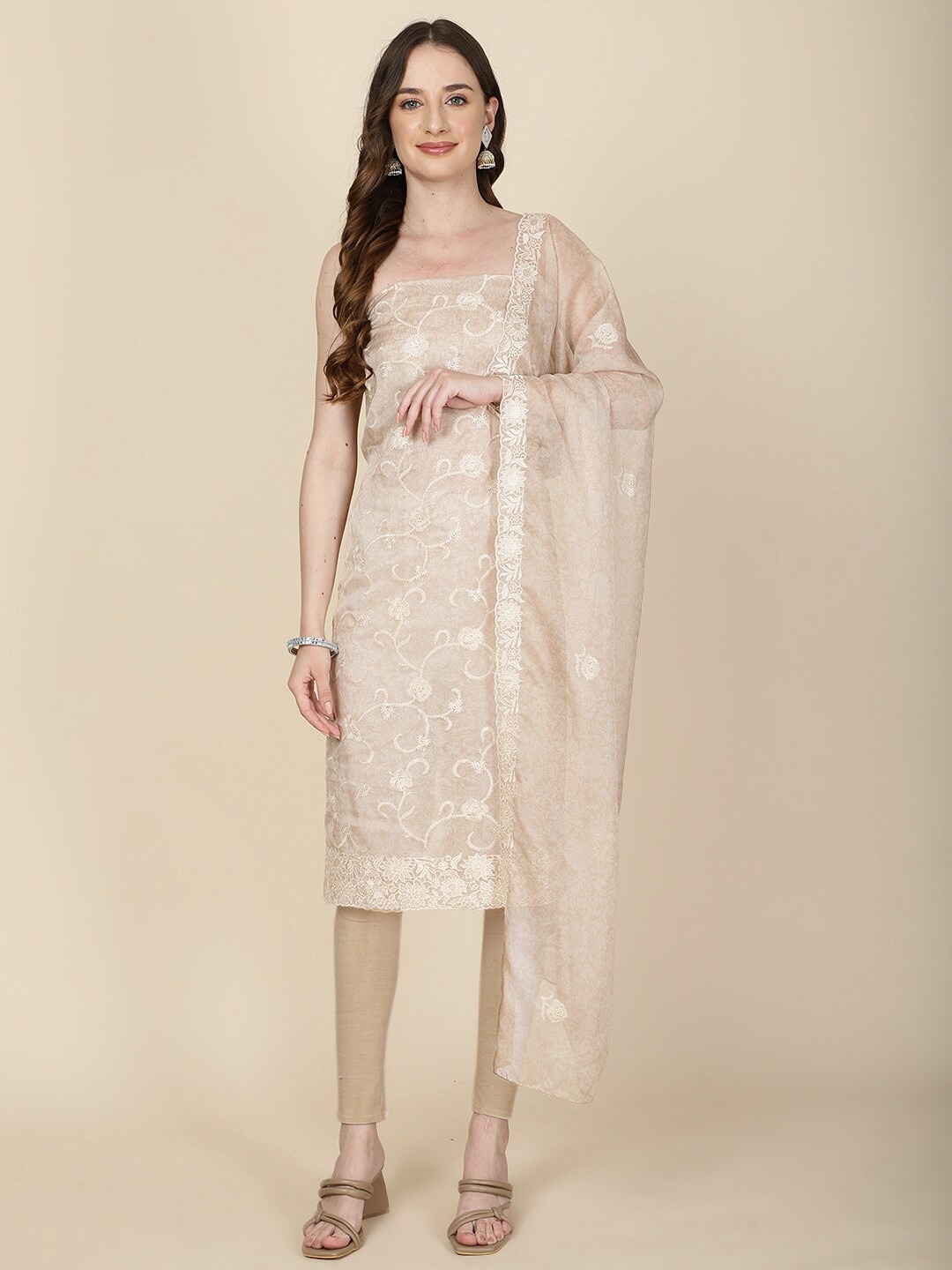

Meena Bazaar Embroidered Organza Unstitched Dress Material, Beige