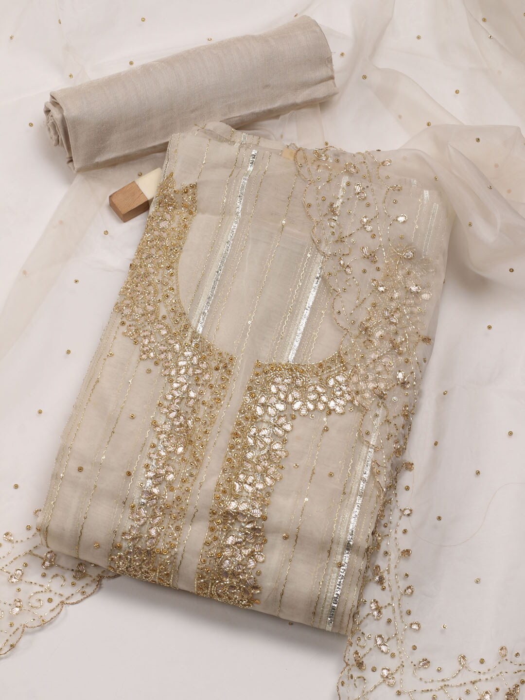 

Meena Bazaar Embroidered Organza Unstitched Dress Material, Cream