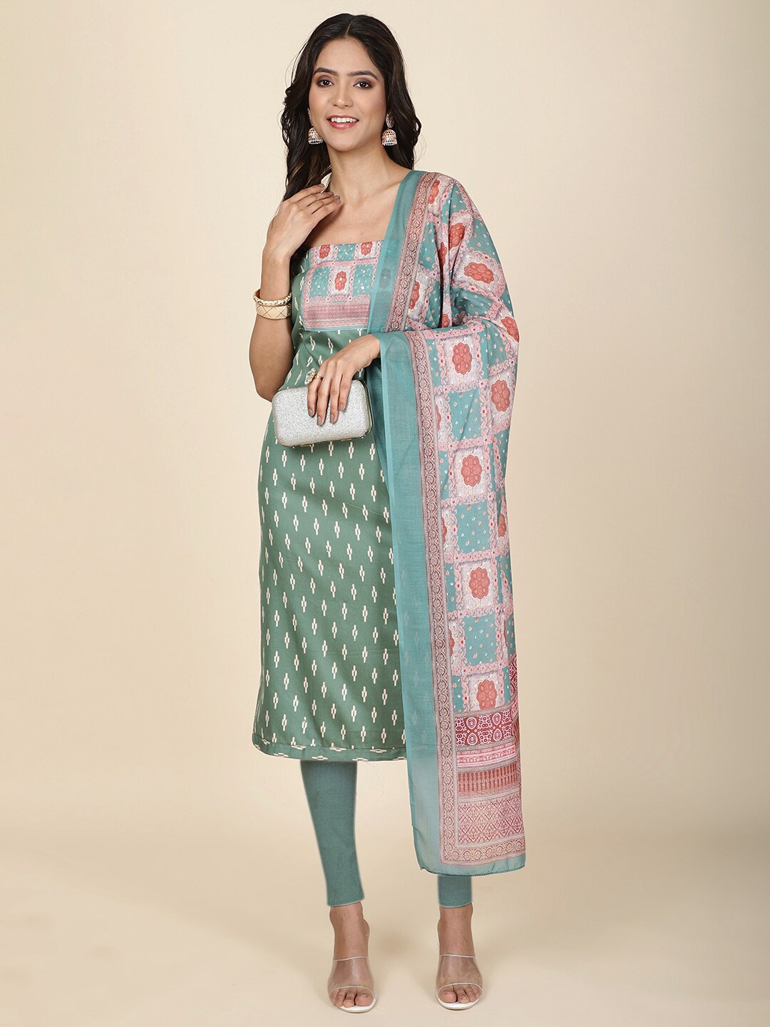 

Meena Bazaar Printed Unstitched Dress Material, Green