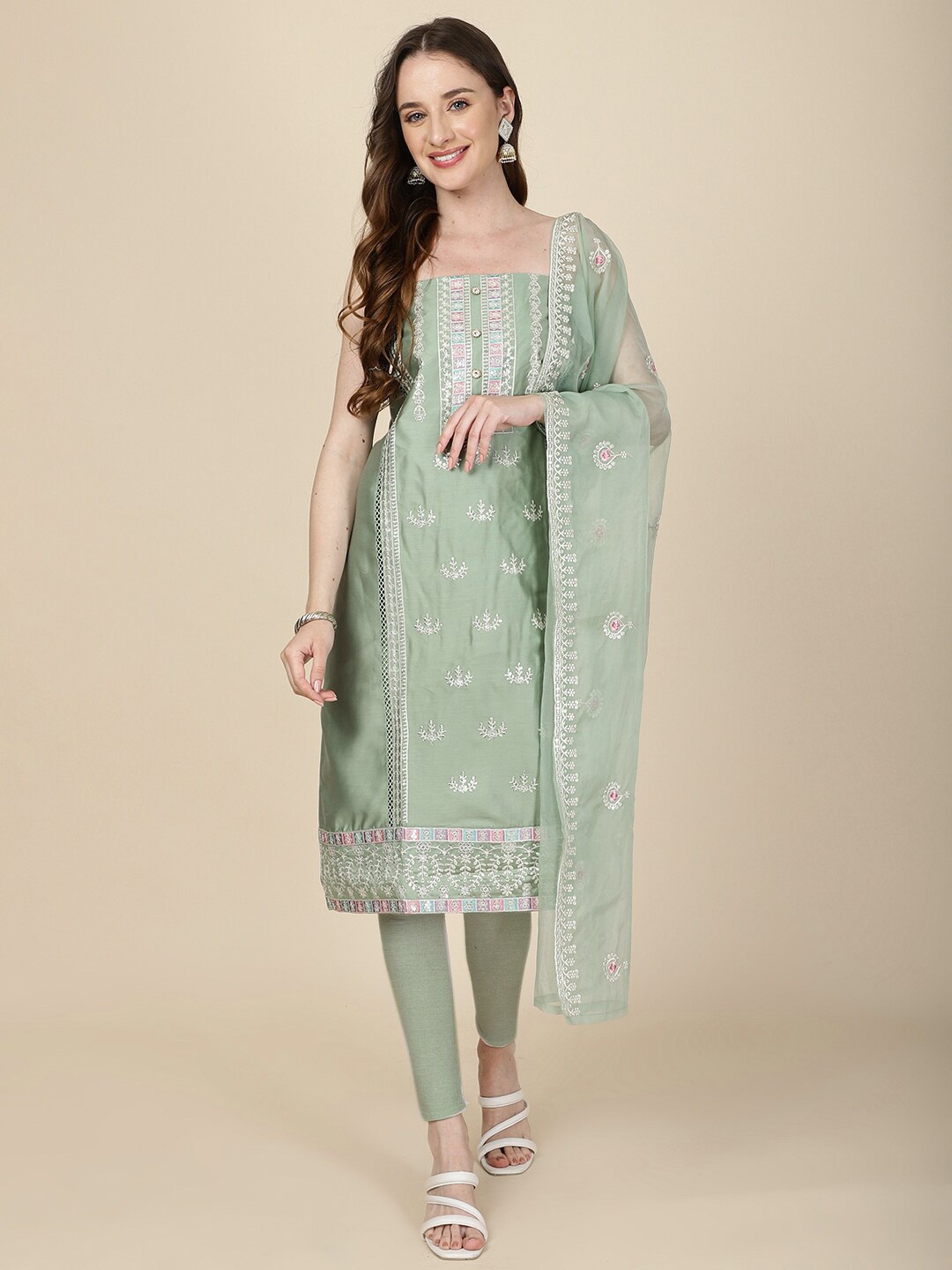 

Meena Bazaar Embroidered Art Silk Unstitched Dress Material, Green