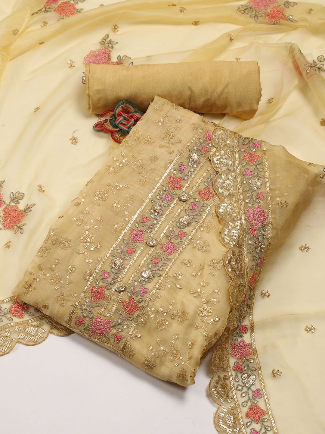 

Meena Bazaar Embroidered Organza Unstitched Dress Material, Mustard