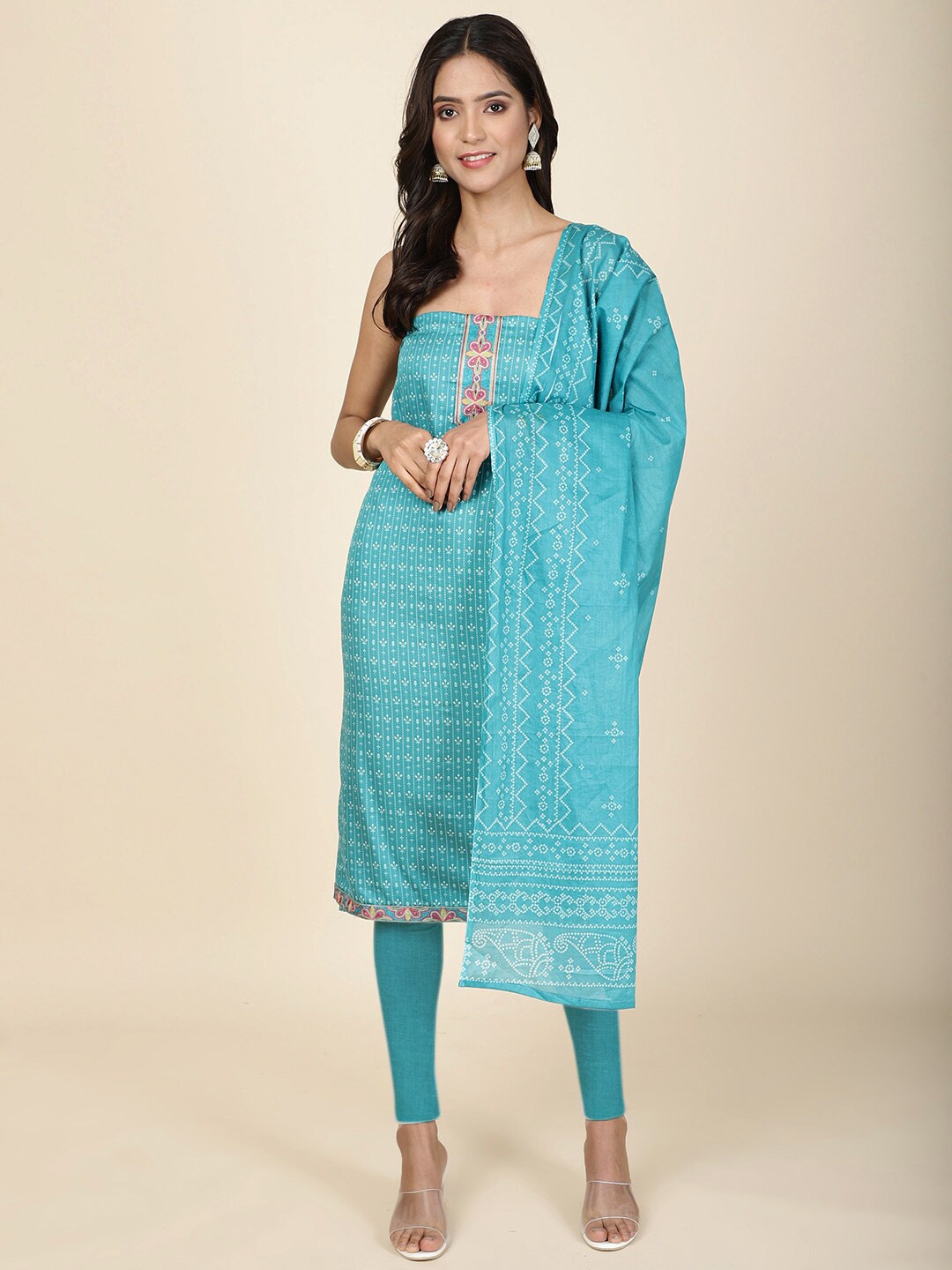 

Meena Bazaar Ethnic Motifs Printed Unstitched Dress Material, Turquoise blue