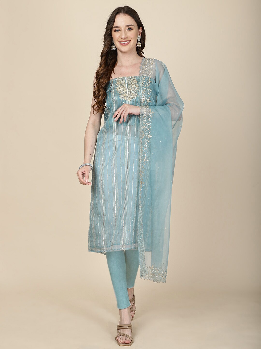 

Meena Bazaar Embellished Organza Unstitched Dress Material, Blue