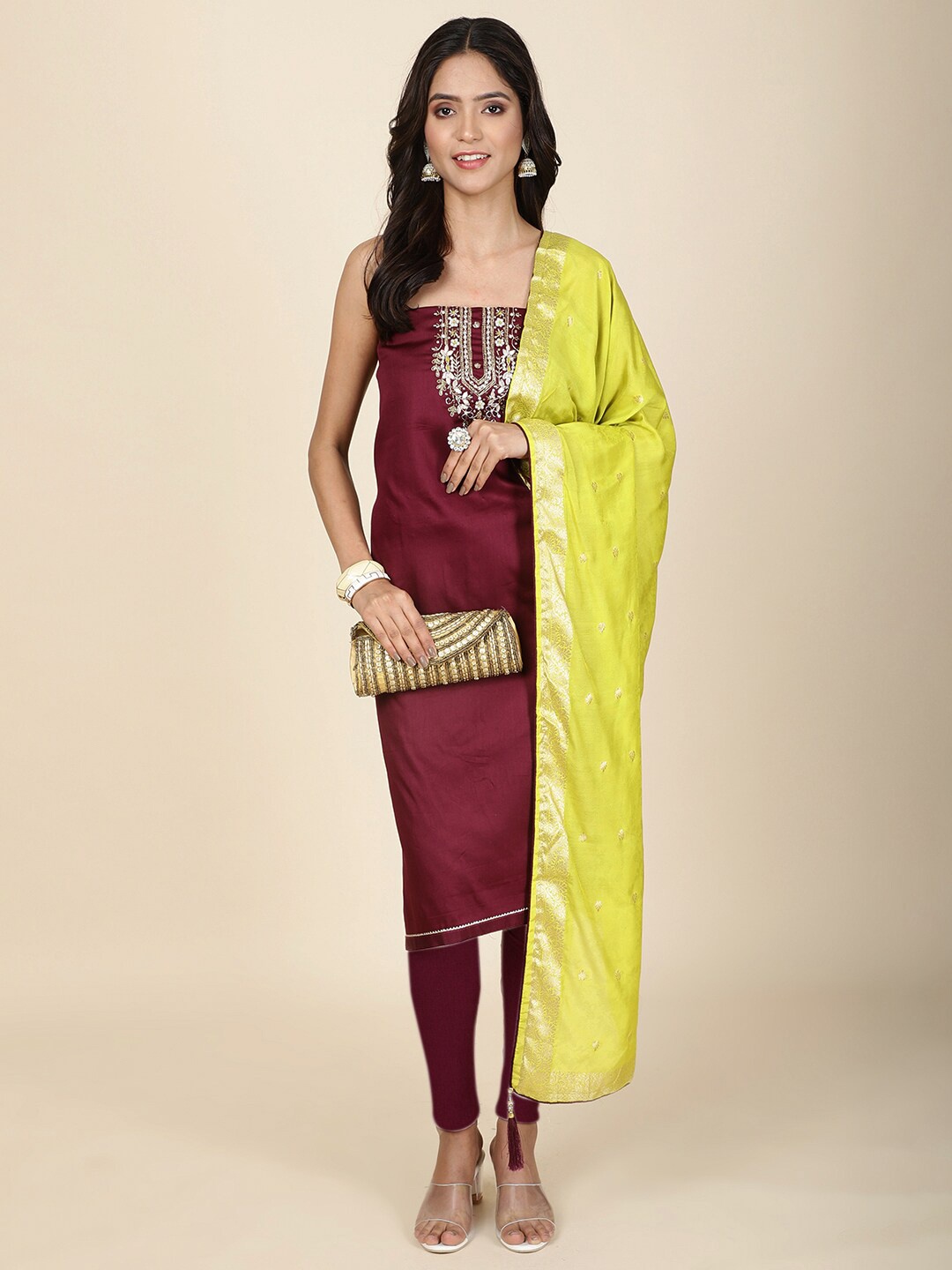 

Meena Bazaar Ethnic Motifs Embroidered Unstitched Dress Material, Burgundy