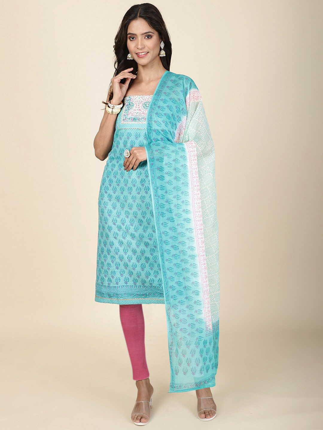 

Meena Bazaar Printed Unstitched Dress Material, Sea green