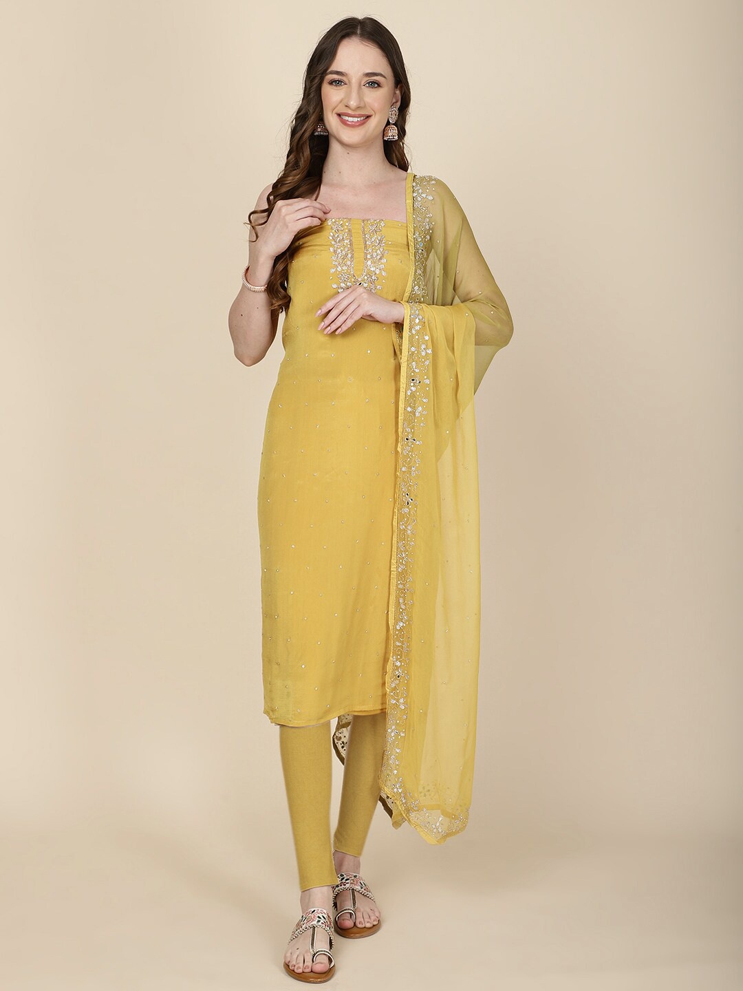 

Meena Bazaar Floral Embellished Unstitched Dress Material, Mustard
