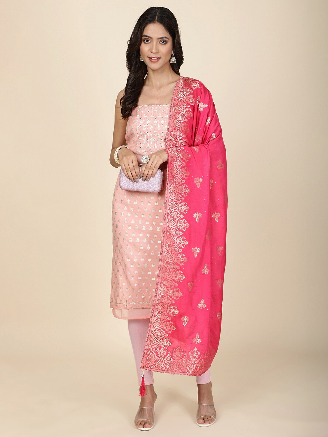 

Meena Bazaar Woven Design Unstitched Dress Material, Pink