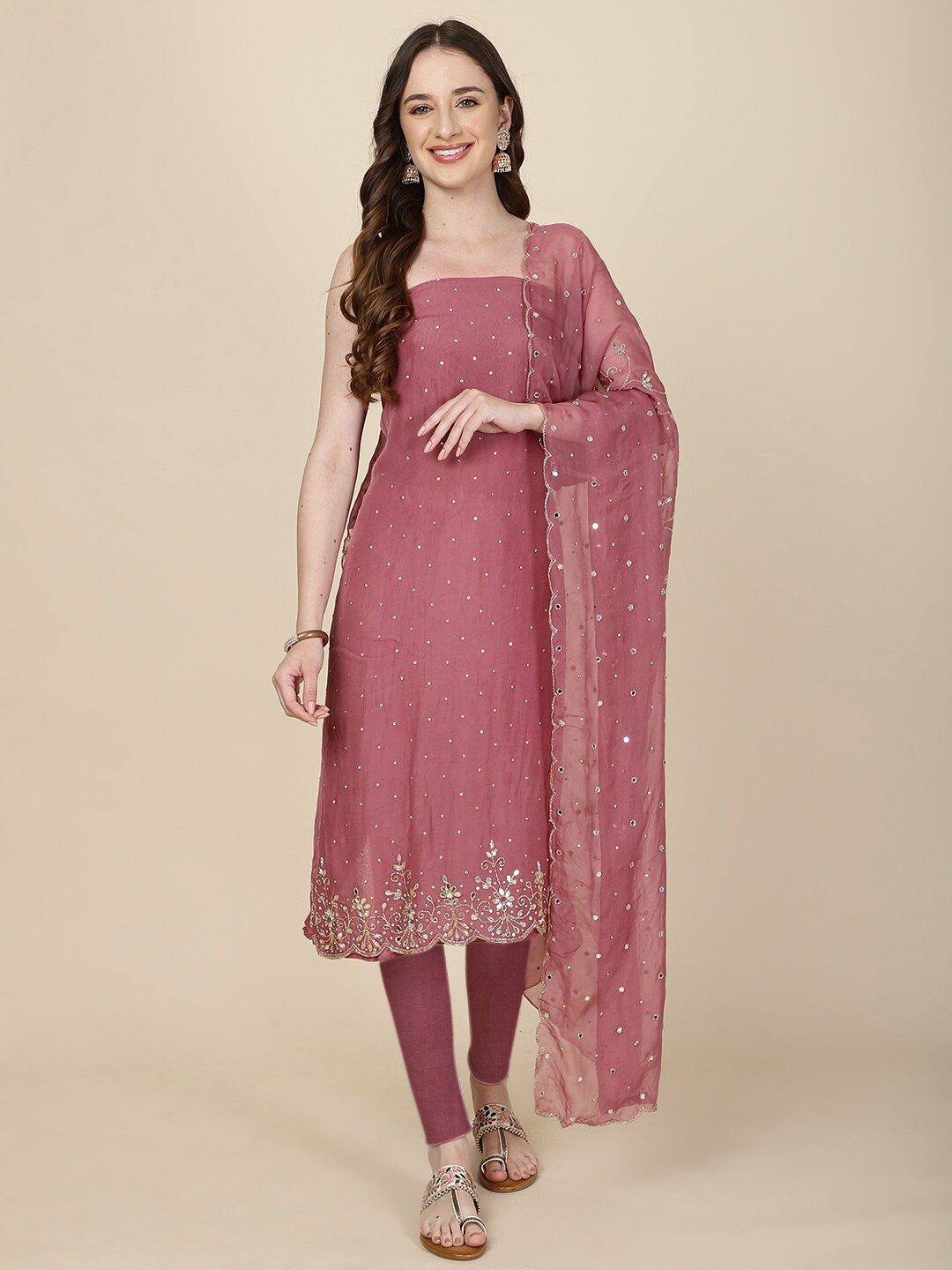 

Meena Bazaar Ethnic Motifs Embellished Art Silk Unstitched Dress Material, Purple