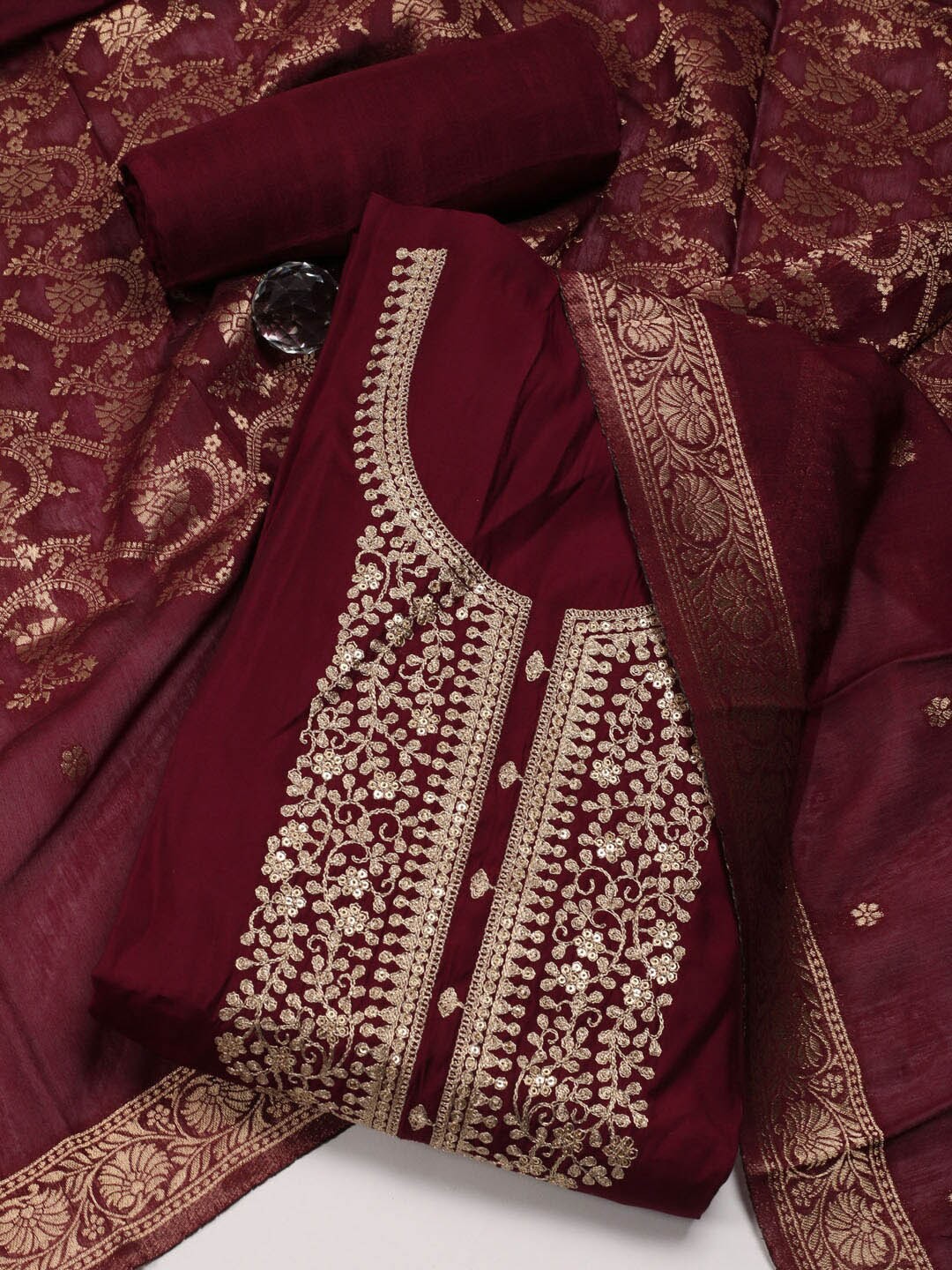 

Meena Bazaar Embroidered Unstitched Dress Material, Burgundy
