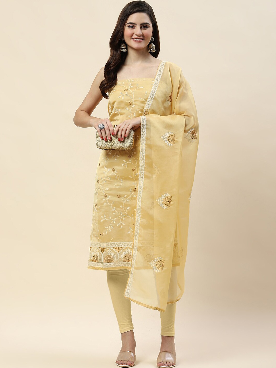 

Meena Bazaar Embroidered Organza Unstitched Dress Material, Yellow