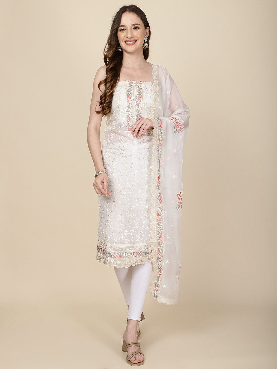 

Meena Bazaar Embroidered Unstitched Dress Material, Cream