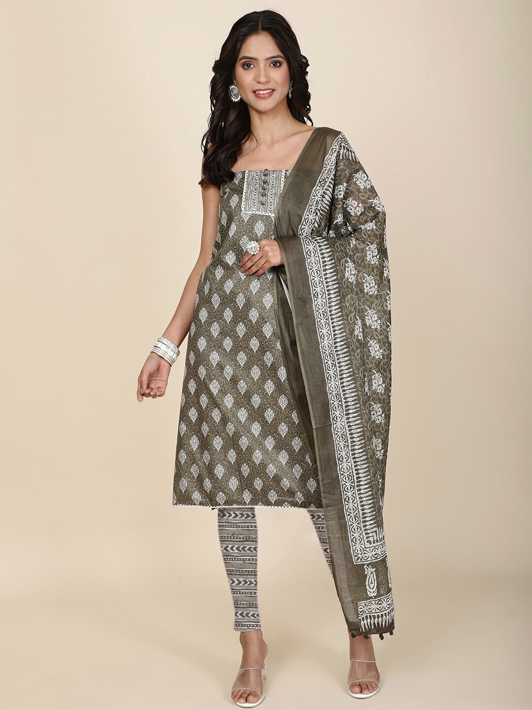 

Meena Bazaar Floral Printed Unstitched Dress Material, Grey