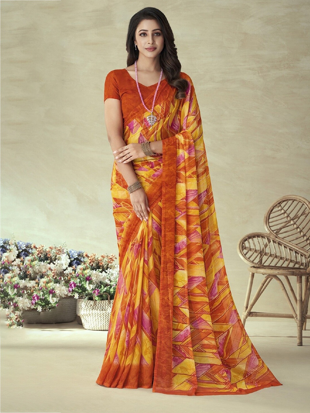 

Reboot Fashions Pure Chiffon Saree, Orange