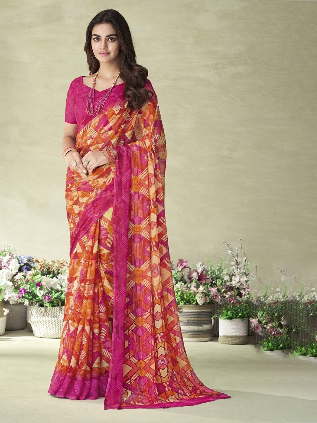 

Reboot Fashions Geometric Printed Pure Chiffon Saree, Pink