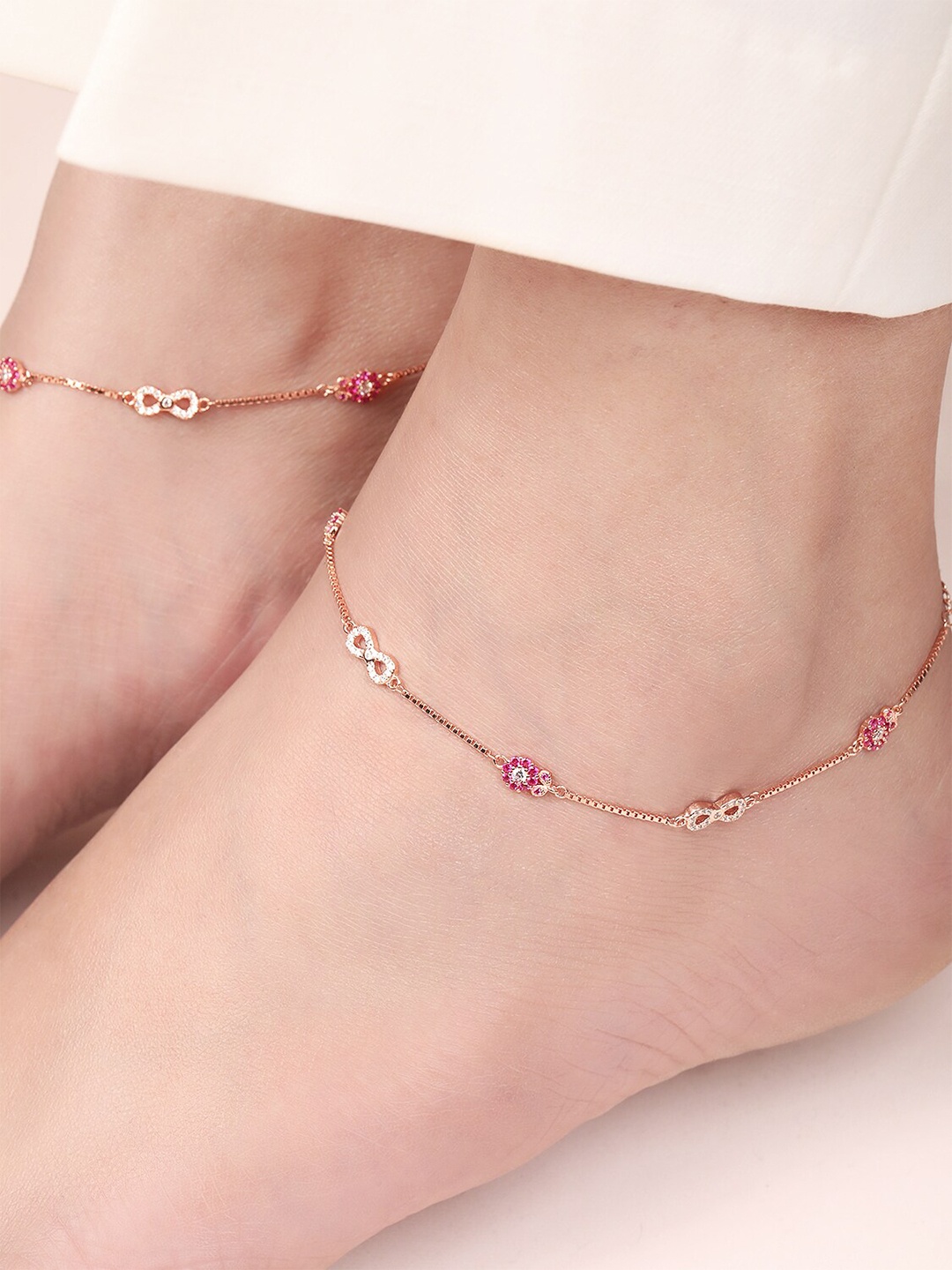 

Zavya Set Of 2 925 Pure Silver Rose Gold-Plated Artificial Stones Anklet