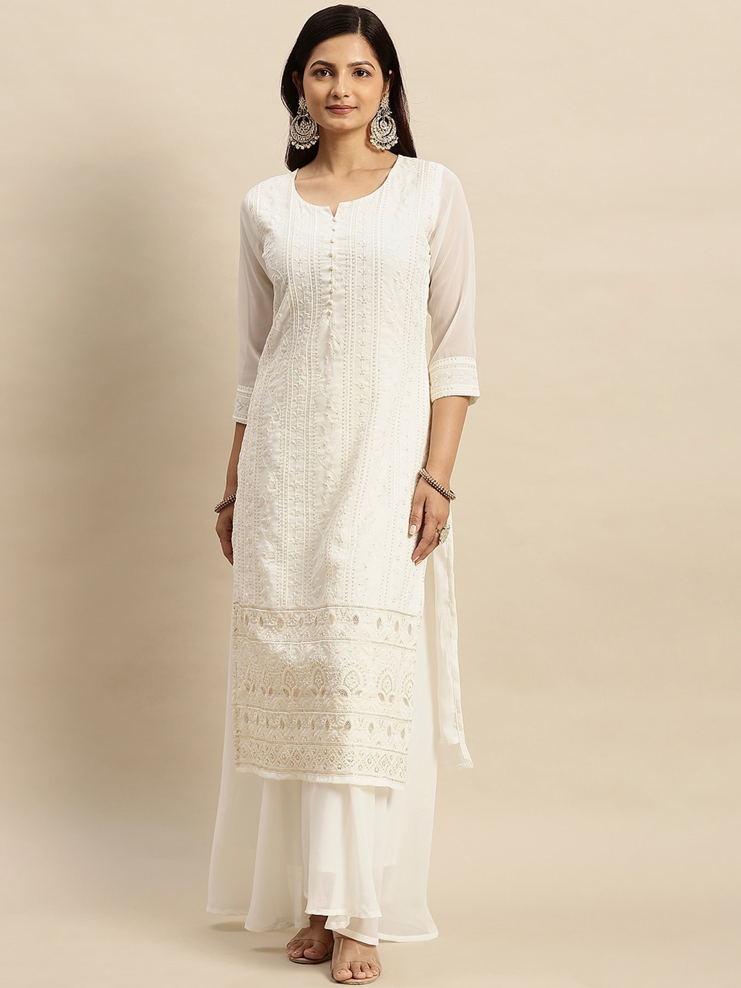

RATAN Floral Embroidered Chikankari Georgette Straight Kurta, Cream