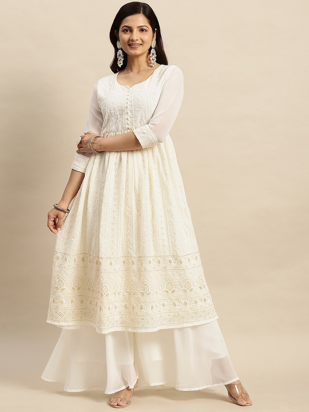 

RATAN Floral Embroidered Chikankari Georgette A-Line Kurta, Cream
