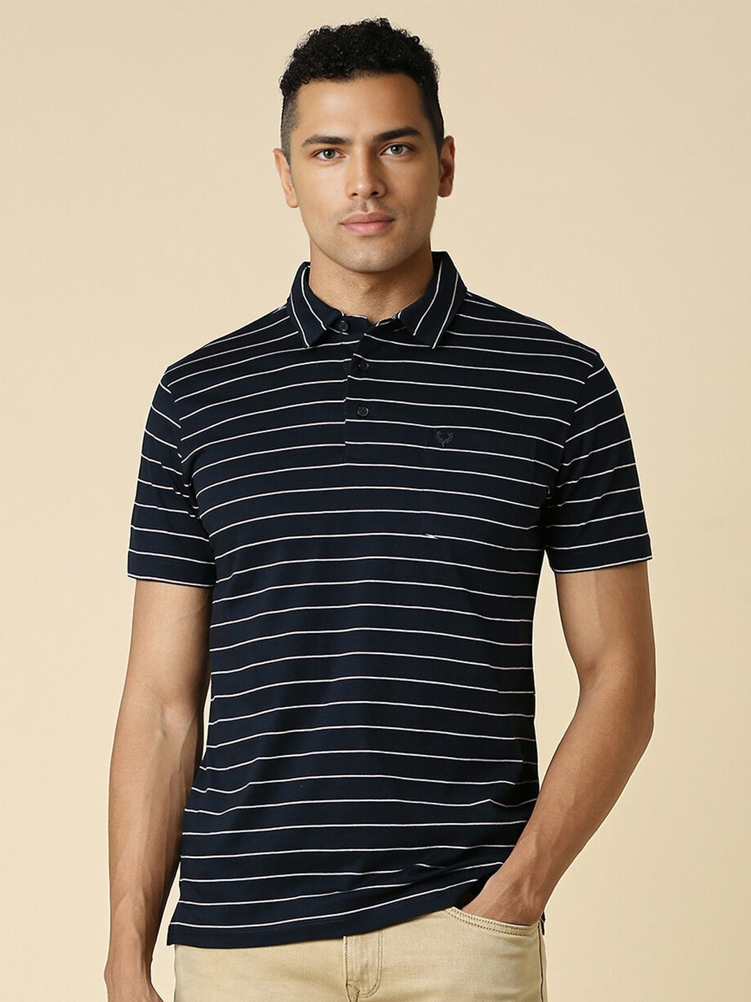 

Allen Solly Striped Cotton Polo Collar Pockets Casual T-shirt, Navy blue