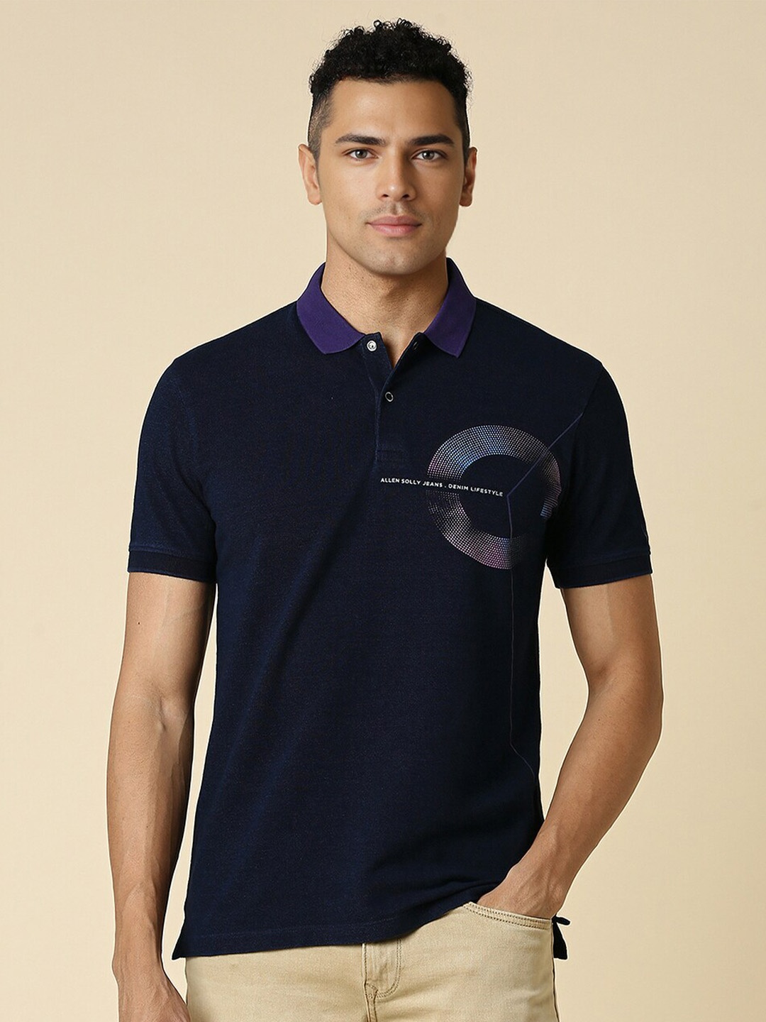 

Allen Solly Cotton Polo Collar Tropical Applique Casual T-shirt, Navy blue