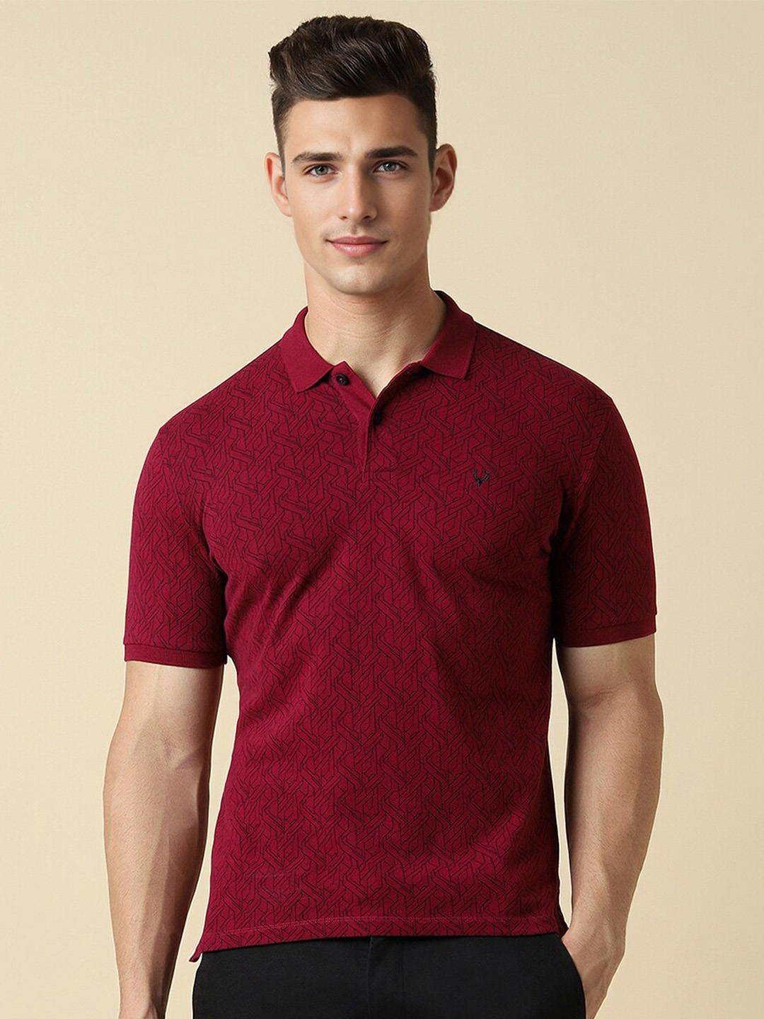 

Allen Solly Geometric Printed Polo Collar Short Sleeves Cotton Regular T-shirt, Maroon
