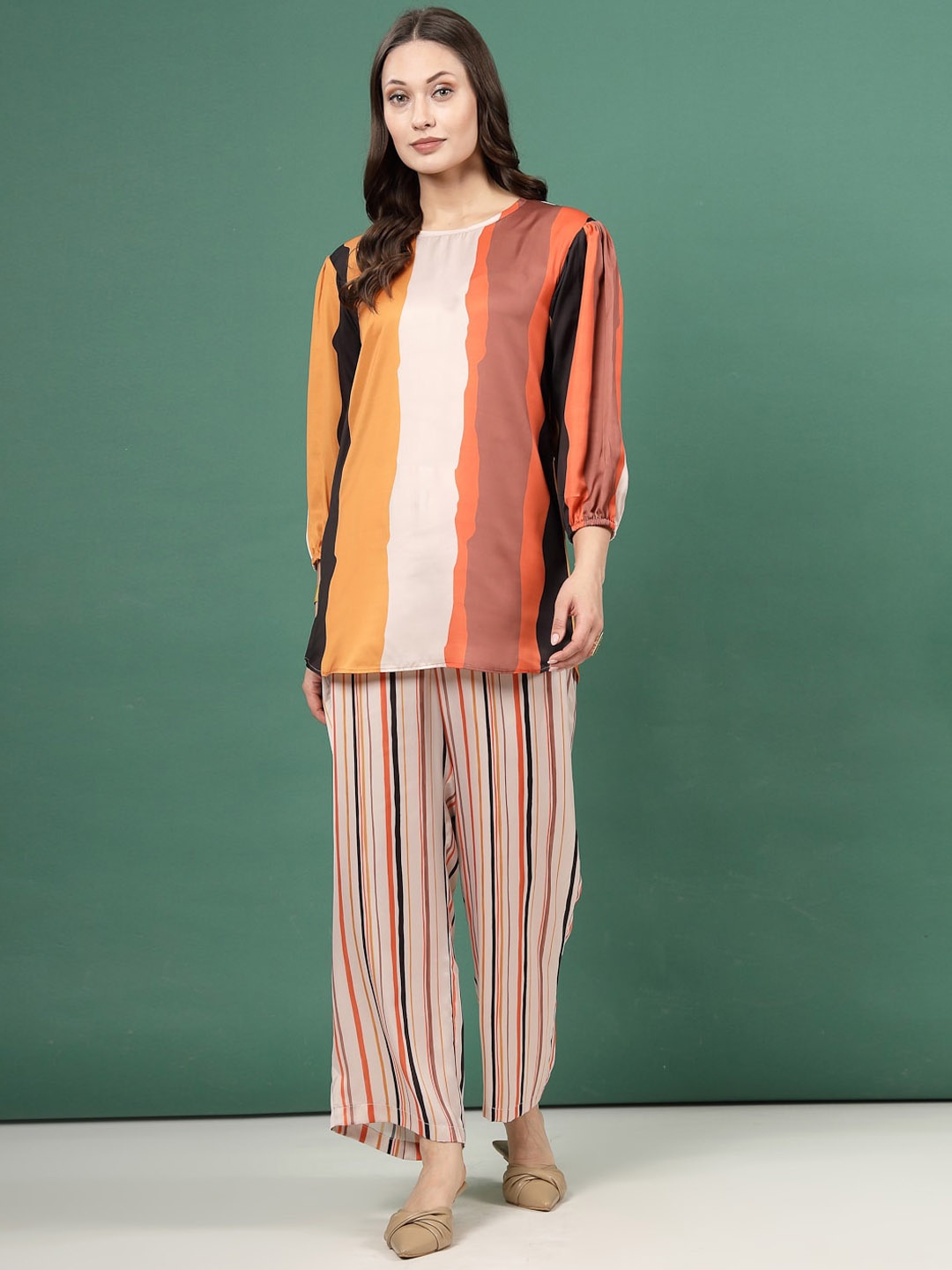 

Clora Creation Striped Colorblocked Puffed Sleeves Tunic & Trousers Co-Ords, Orange
