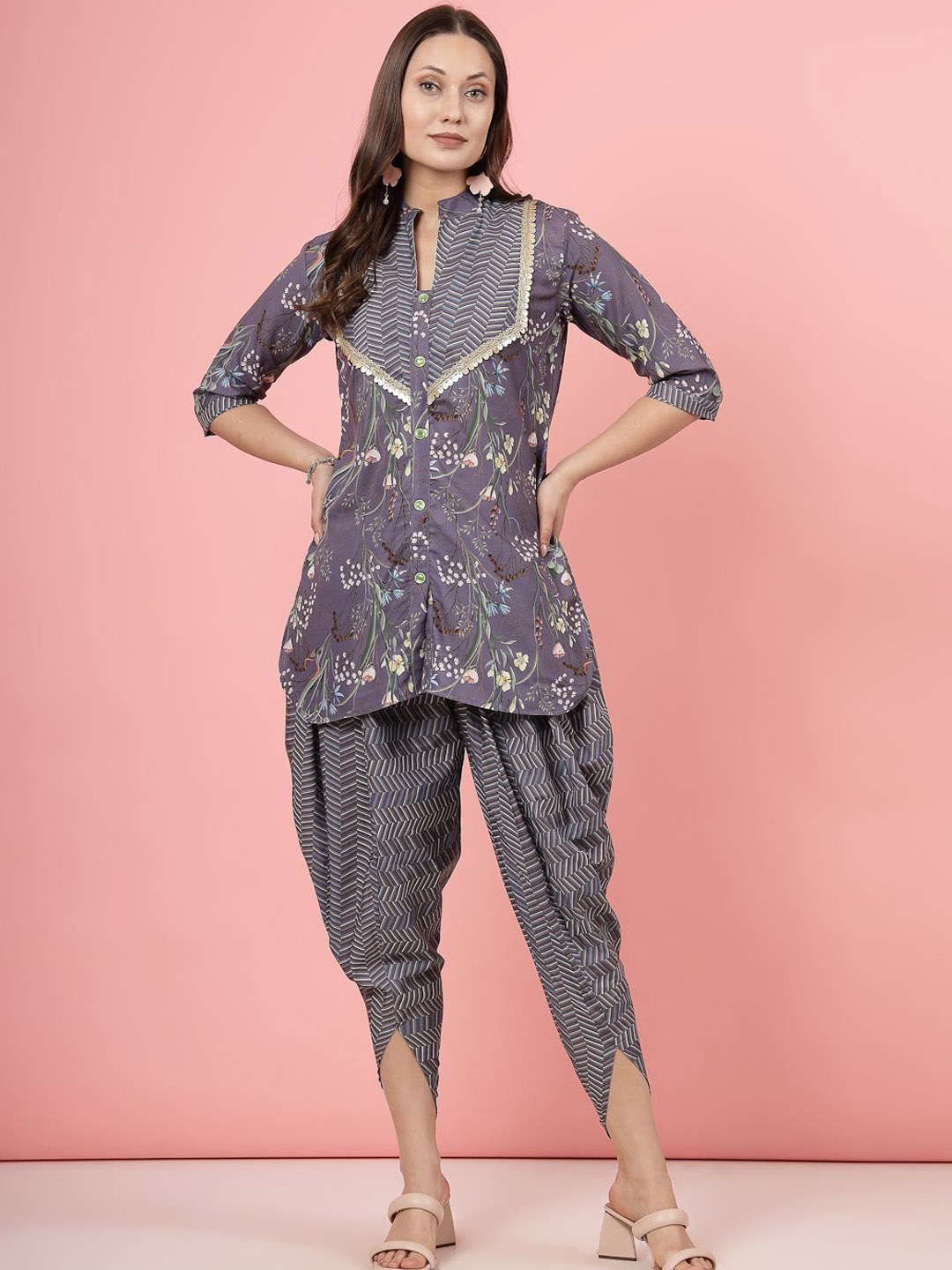 

Clora Creation Floral Printed Embellished Tunic Top & Dhoti Co-Ords, Grey