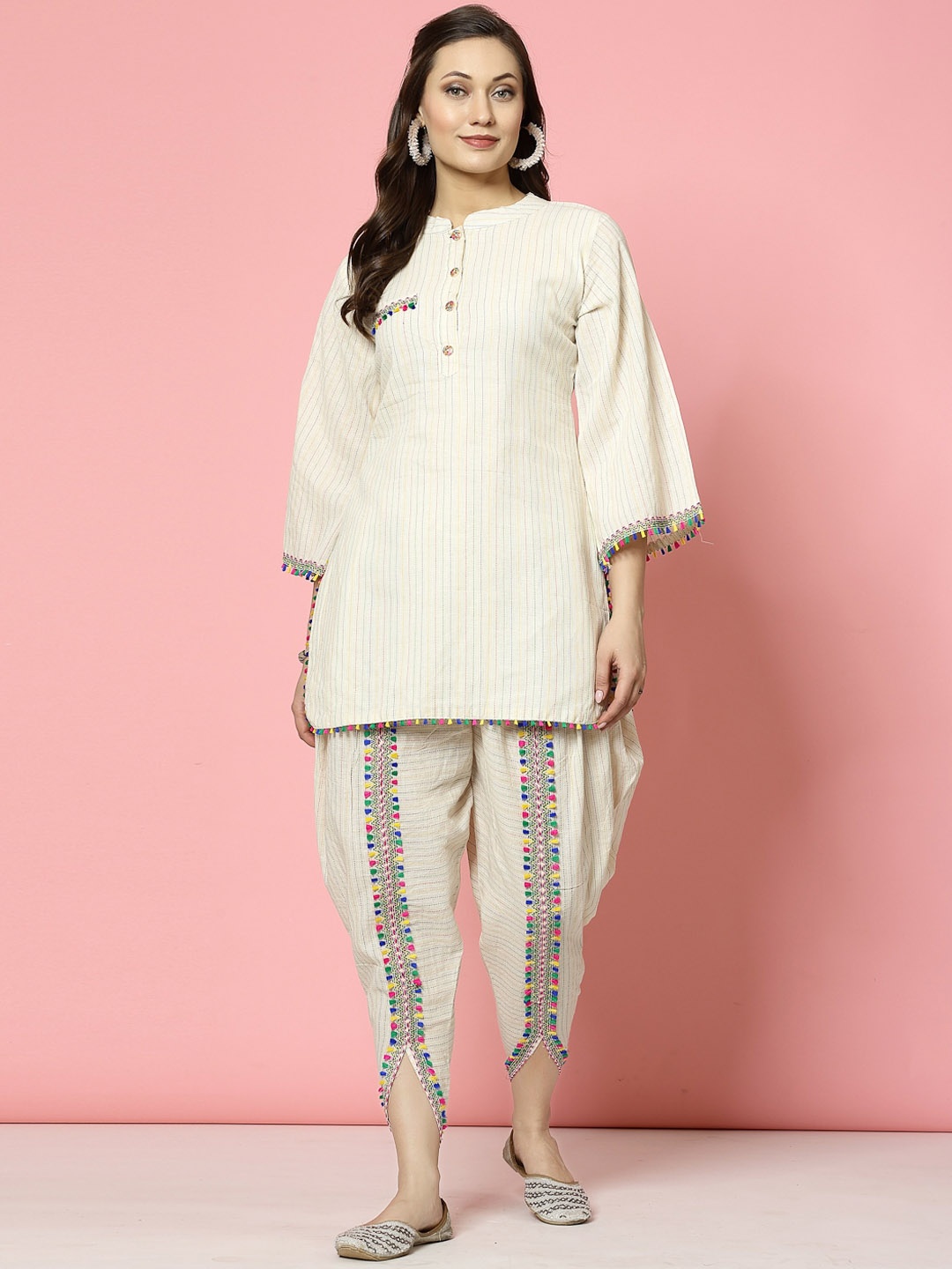 

Clora Creation Kantha Work Mandarin Collar Tunic Top with Dhoti Co-Ords, Cream