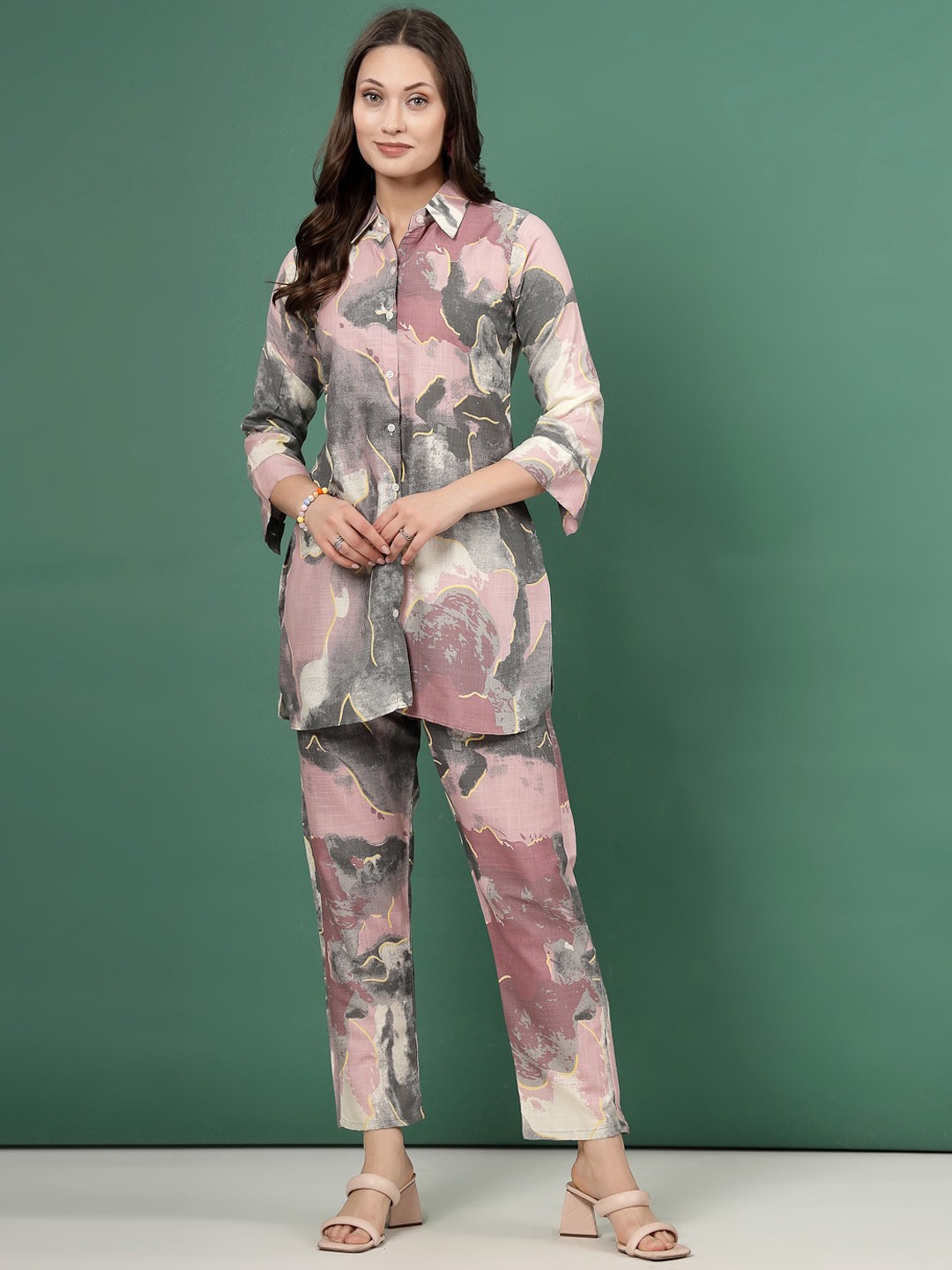 

Clora Creation Abstract Printed Shirt Collar Shirt With Trouser, Pink