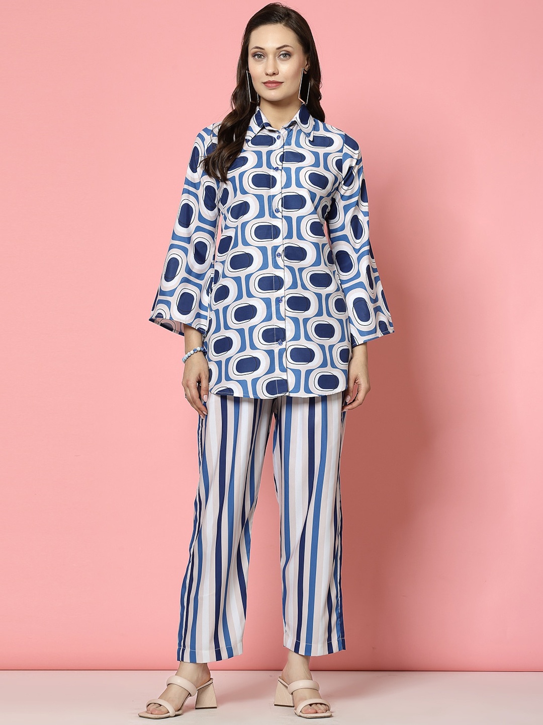 

Clora Creation Geometric Printed Shirt Collar Neck Shirt & Trousers Co-Ords, Blue