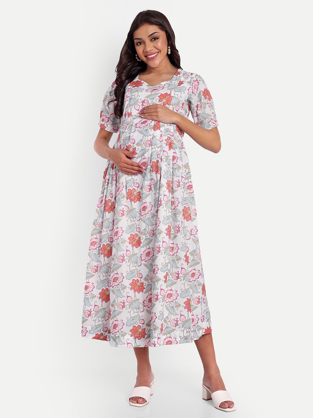 

THOTTIL Floral Printed Cotton Maternity Fit & Flare Midi Dress, White
