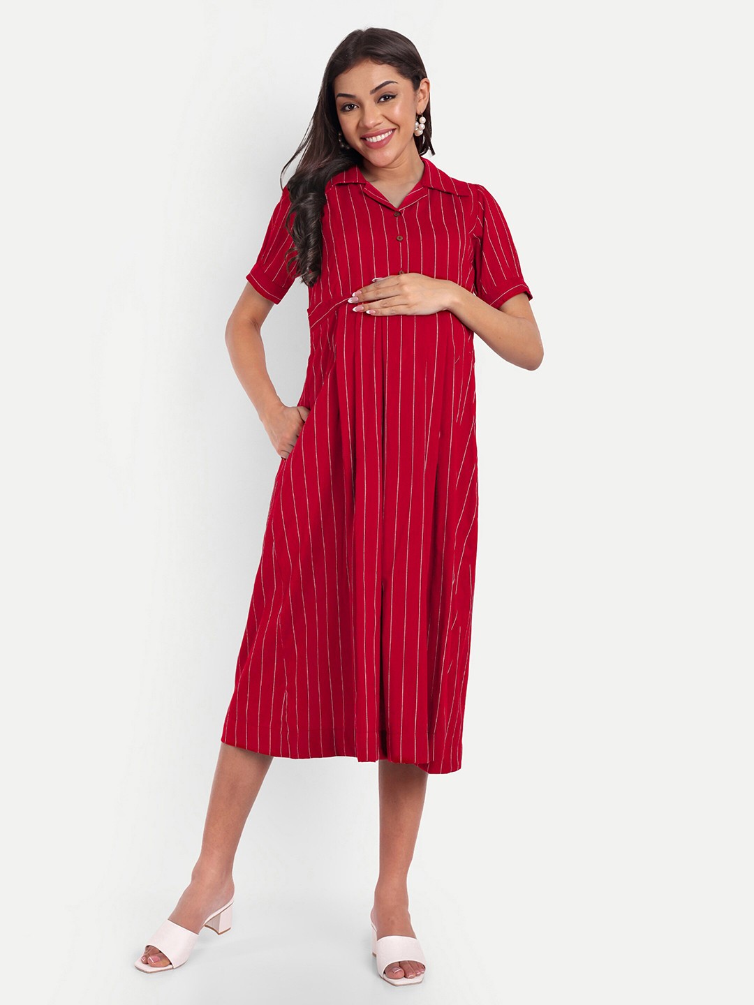 

THOTTIL Striped Shirt Collar Cotton Maternity A-Line Midi Dress, Red