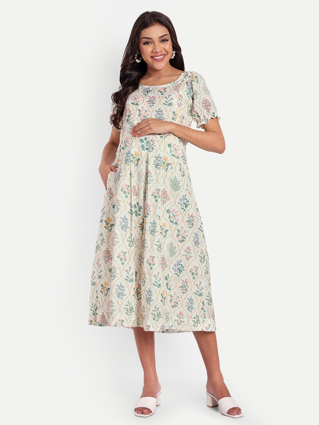 

THOTTIL Floral Print Flared Sleeve Maternity Fit & Flare Midi Dress, White