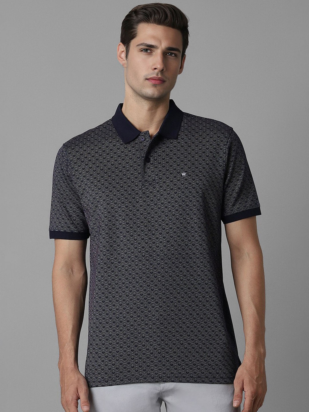 

Louis Philippe Geometric Printed Polo Collar Pure Cotton T-shirt, Navy blue