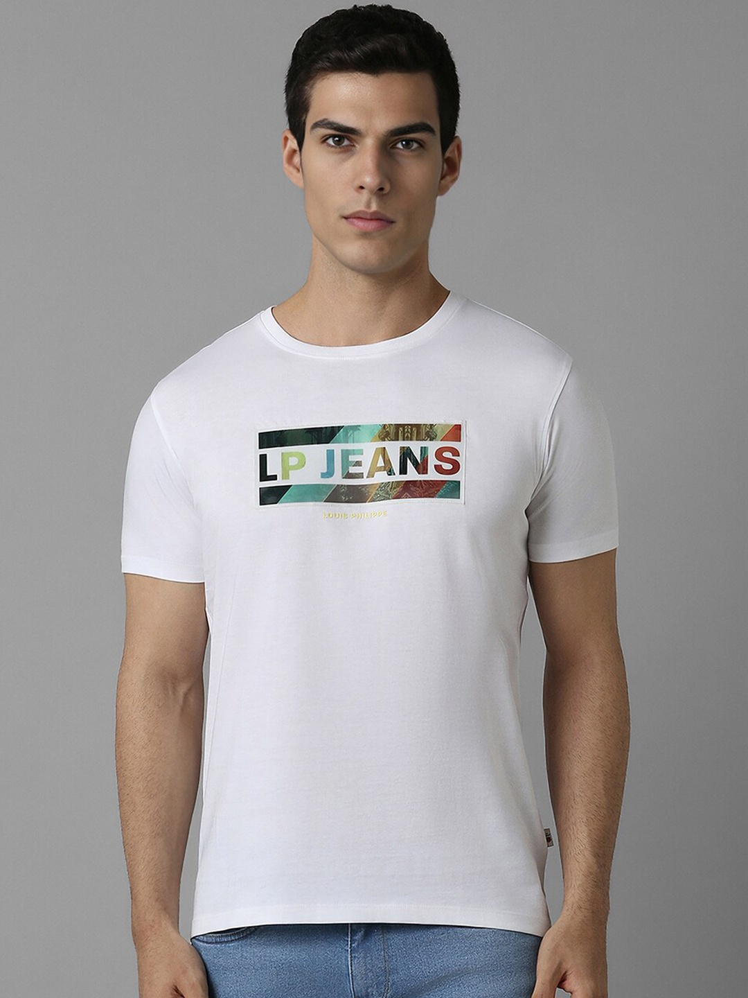 

Louis Philippe Jeans Typography Printed Pure Cotton Slim Fit T-shirt, White