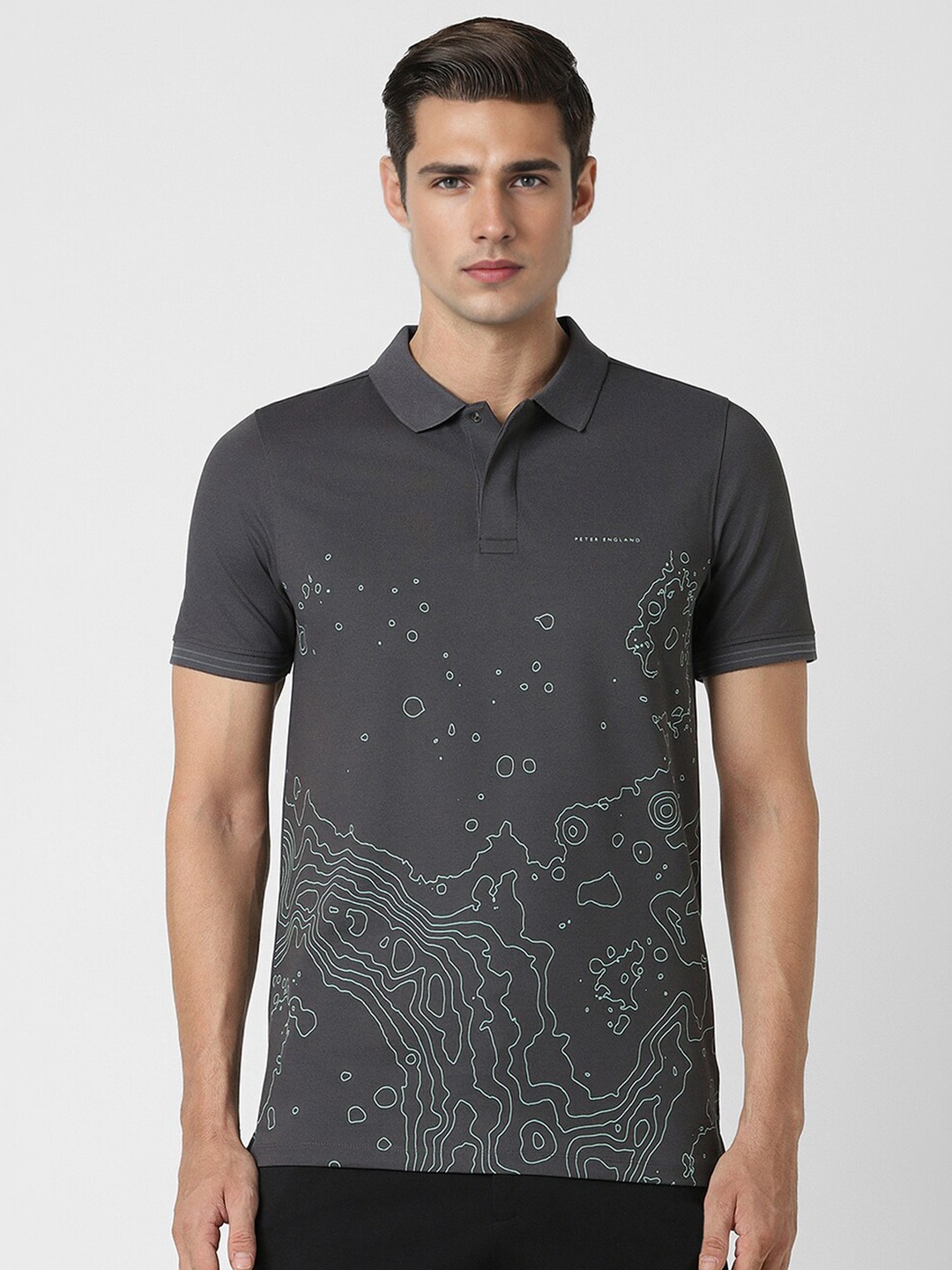 

Peter England Men Typography Printed Polo Collar T-shirt, Grey