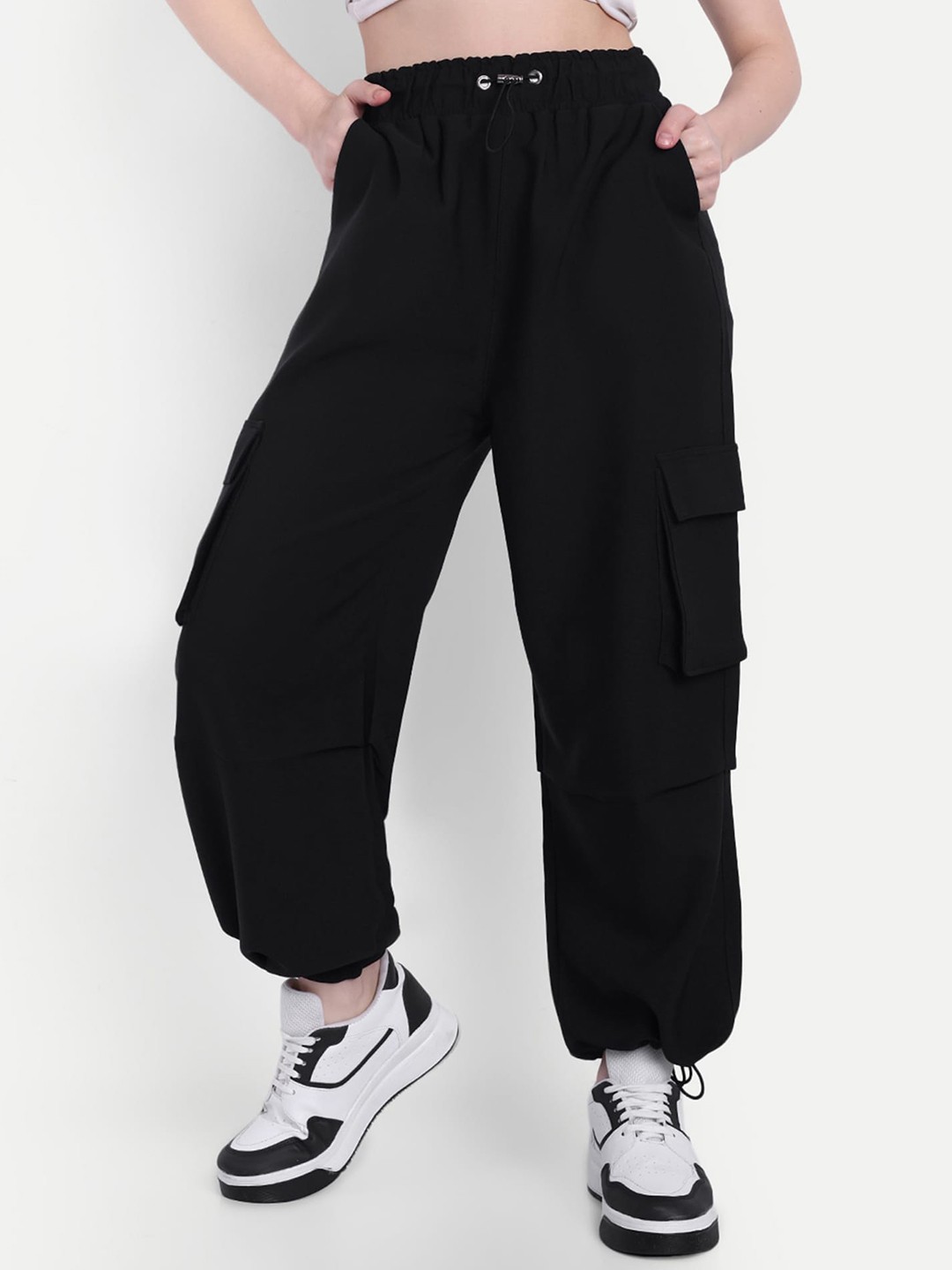 

BROADSTAR Smart Regular Fit High-Rise Cargos Trousers, Black