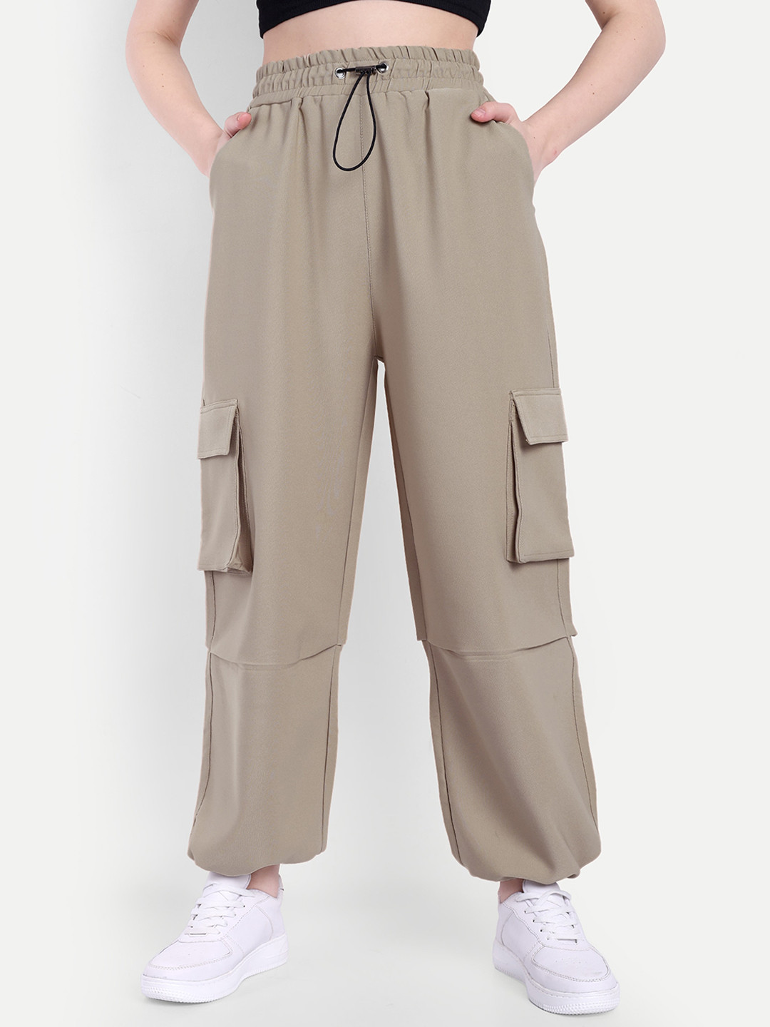 

BROADSTAR Smart Regular Fit High-Rise Cargos Trousers, Beige